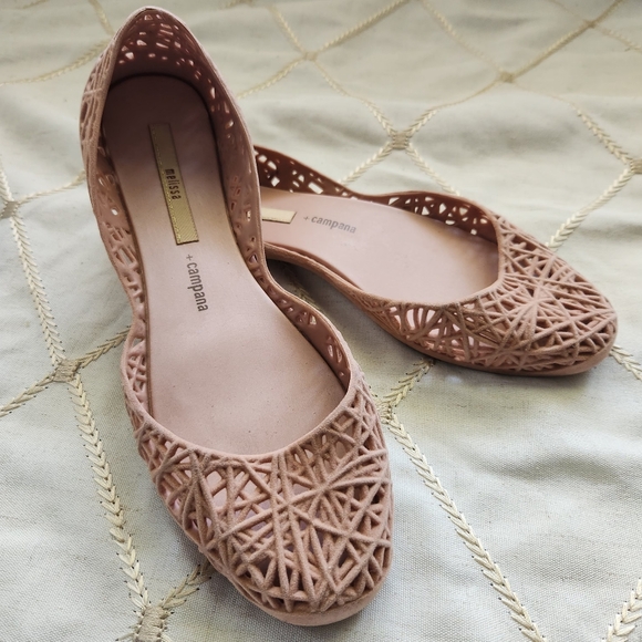 Melissa + Campana Brown Tan Jelly Ballet Flats 8 Bow Embellished Vegan Melflex - Picture 1 of 6